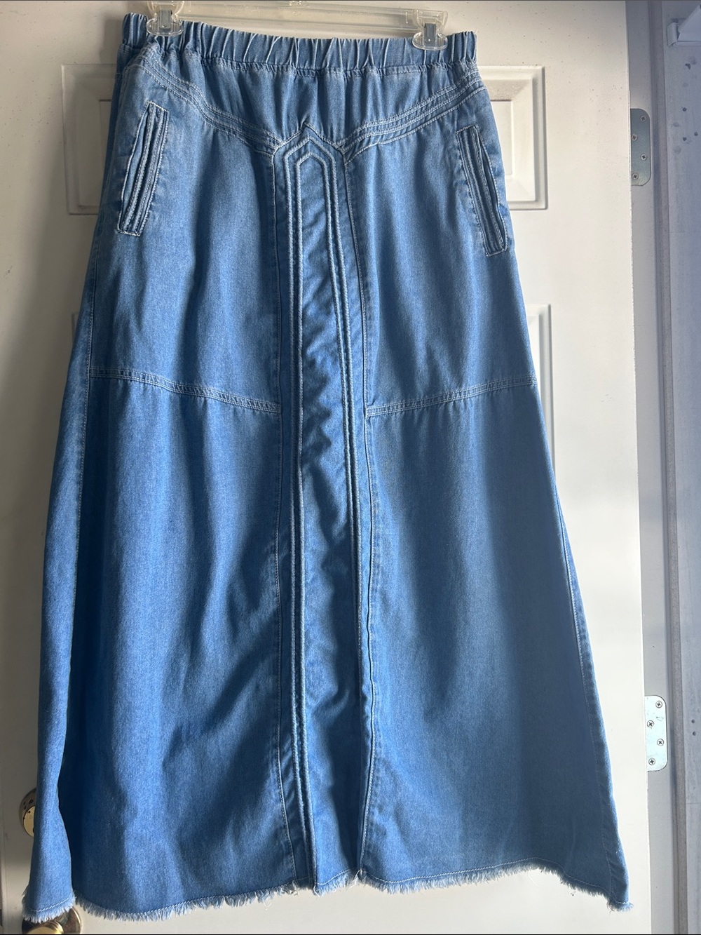 Light Wash Denim Maxi Skirt with Front Panel Detail